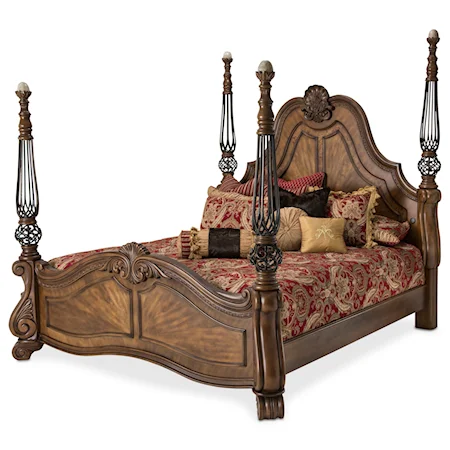 Ornate Queen Size Poster Bed with Traditional Style